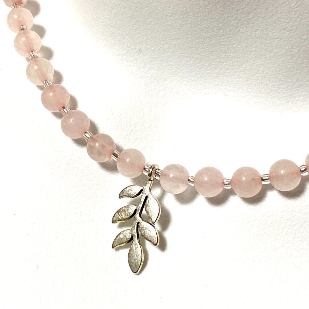 Pink Genuine Gemstone Rose Quartz Silver Leaf Branch Beaded Short Necklace